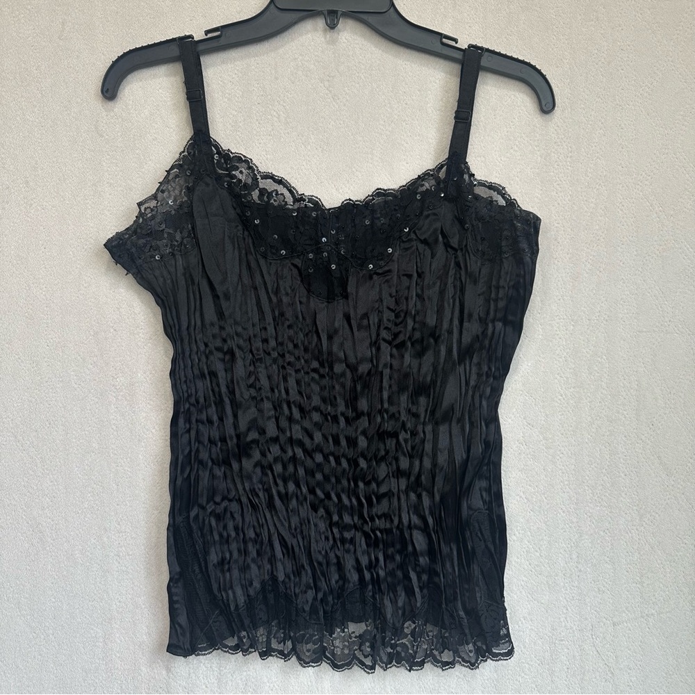 Pierre Cardin Black Lace-Trim Camisole Sz 12 Crinkle Whimsy Goth Sequins